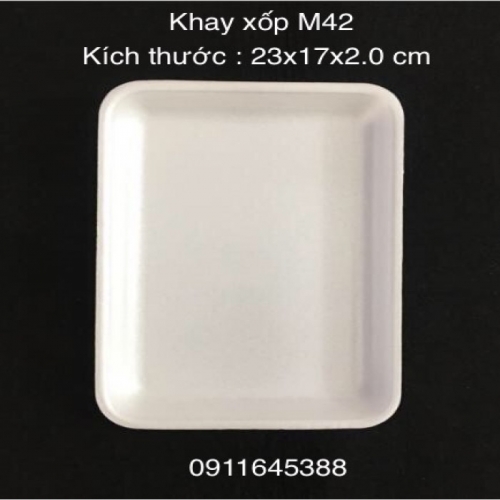 Khay xốp đựng thực phẩm trắng M42, kích thước 23 x 16,8 x 2 cm (khoảng 100 cái/dây, 500 cái/cây)